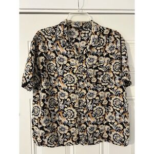 Dickies Floral Women's M Short Sleeve Button-Up Cotton Shirt Black/Yellow/White